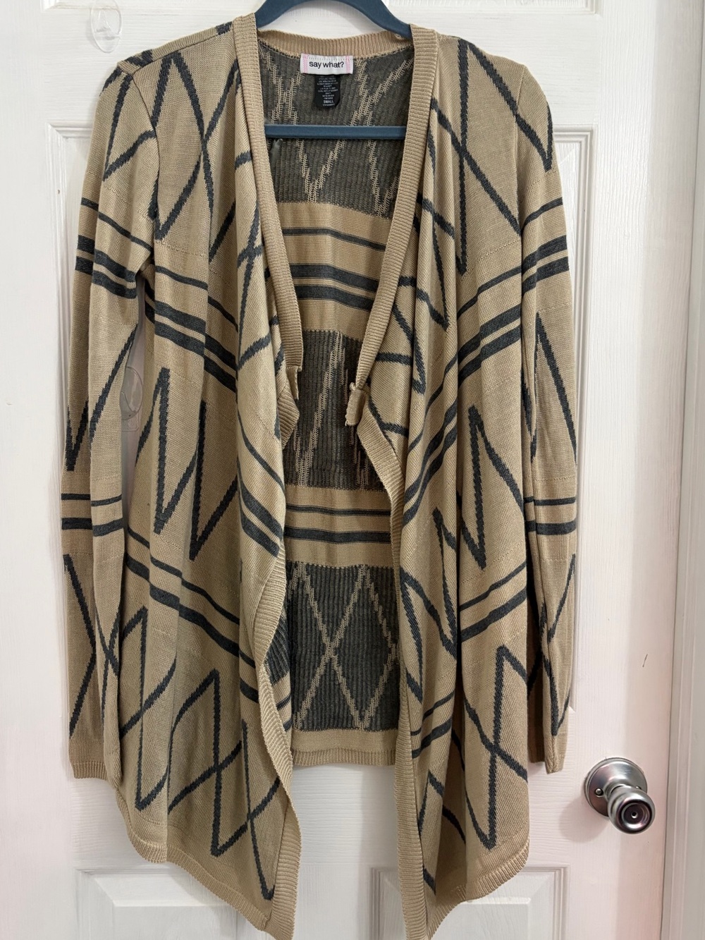 Say What? Beige and Black Open-Front Geometric Cardigan. Size small $10